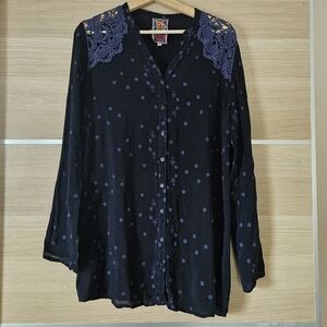 Johnny Was Boho Embroidered Cupra Blouse Crochet Lace Shoulders Size S